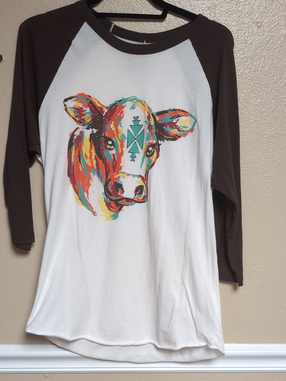 Brown & White Raglan Top with Colorful Cow Graphic
